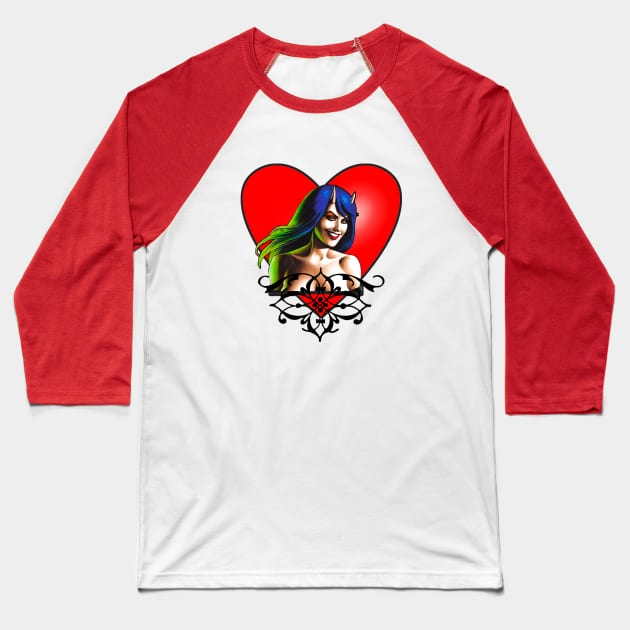 temptation girl with heart and horns Baseball T-Shirt by Marccelus